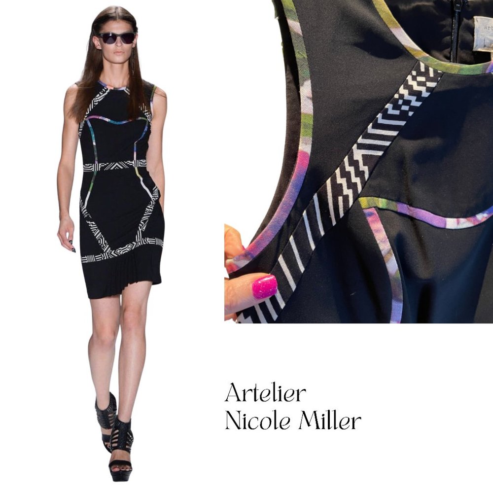 NICOLE MILLER ARTELIER SLEEVELESS BLACK SATIN CREPE DRESS & GEOMETRIC DETAILS 6